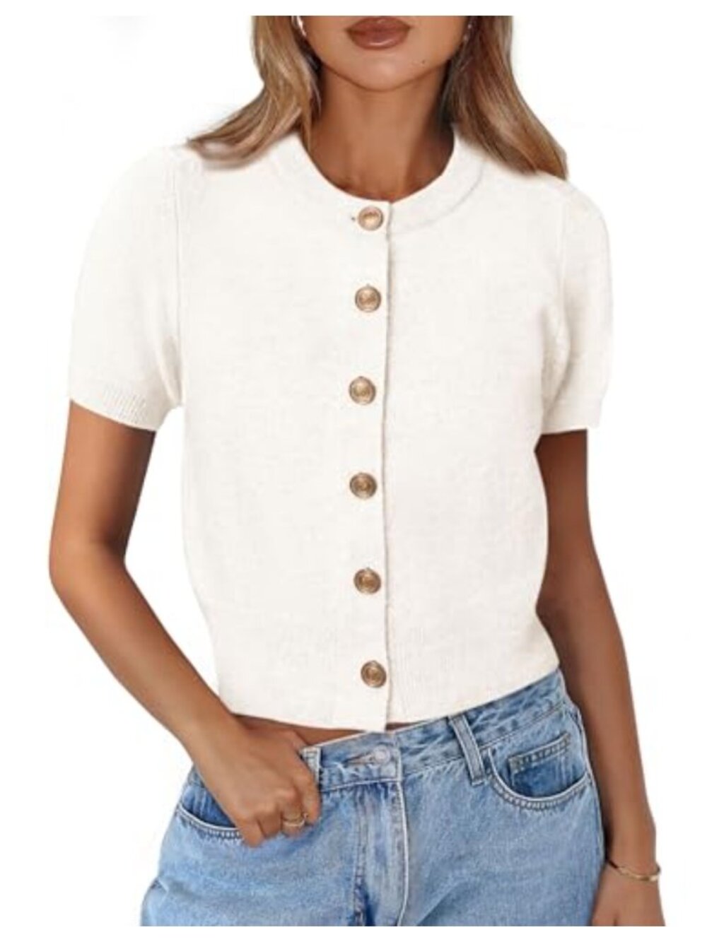 Womens Summer Cardigan Short Sleeve Button Down Cropped Knit Sweater